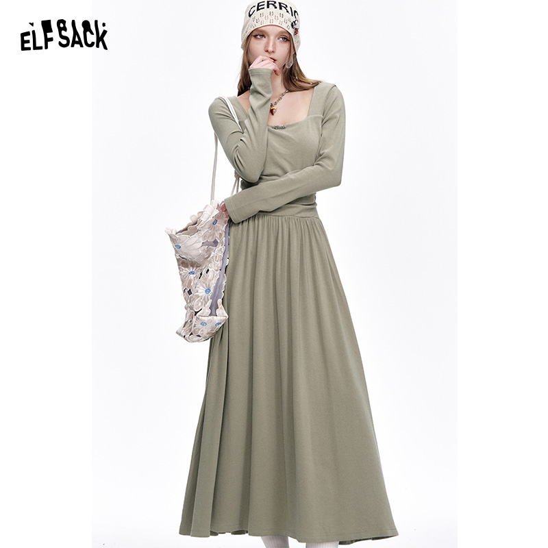 妖精的口袋灰色褶皱方领长袖连衣裙女2025年春季新款修身气质裙子