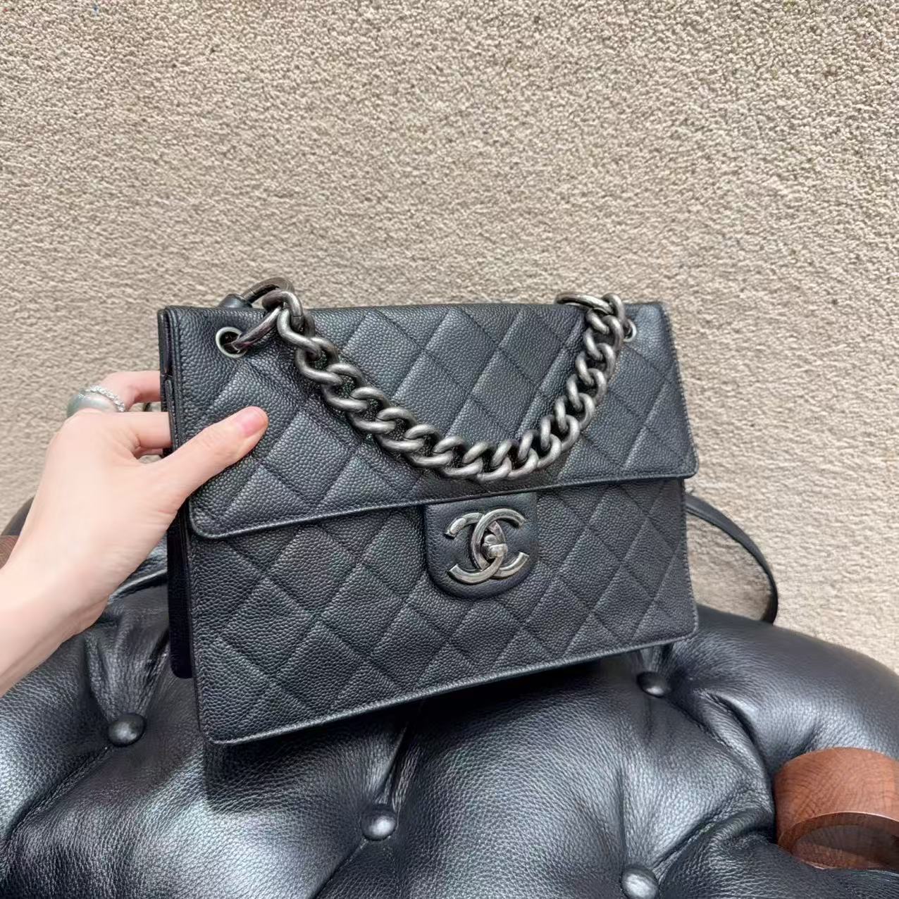 99新 Chanel/香奈儿 2way 黑银荔枝牛皮 粗链孟买邮差包公文包 