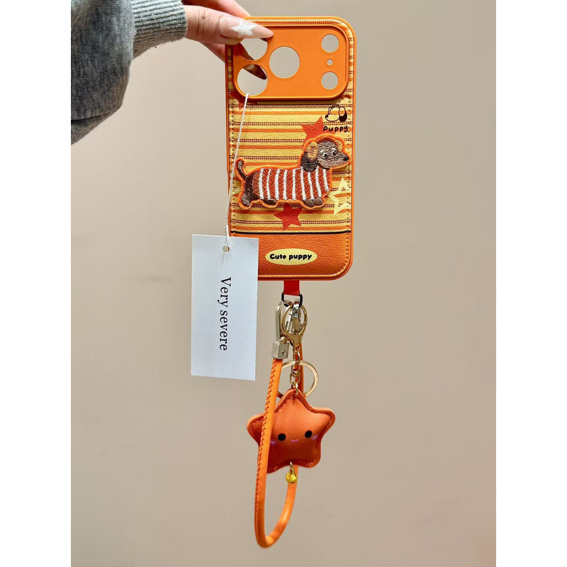 撞色橙条纹刺绣耳机腊肠狗手绳适用苹果17promax手机壳15iphone16