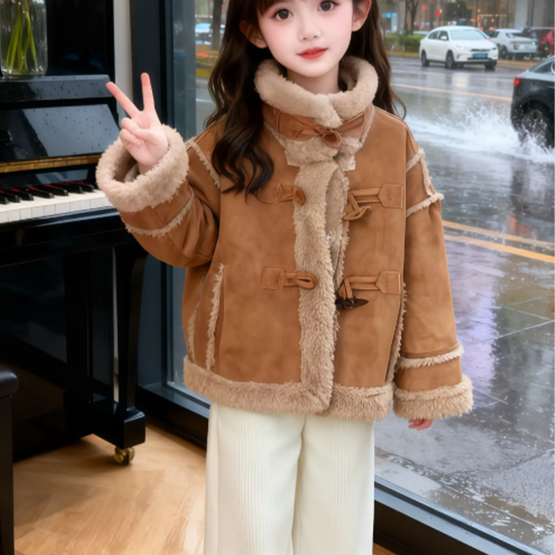 女童加绒外套秋冬款2025新款儿童皮毛一体加厚上衣女大童冬季衣服