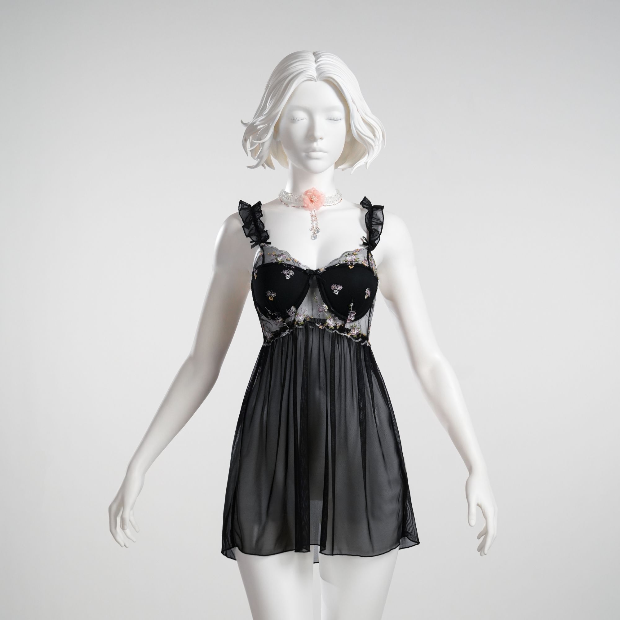 迷恋【90-220斤】气质显瘦黑色刺绣轻纱蕾丝大码睡裙 5124