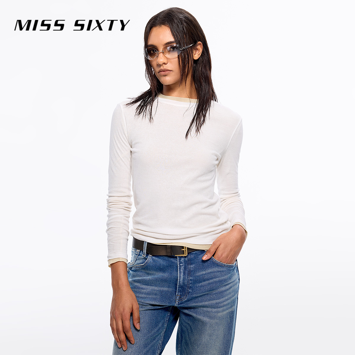 【杨幂同款】Miss Sixty秋季新款长袖T恤女修身简约打底纯棉