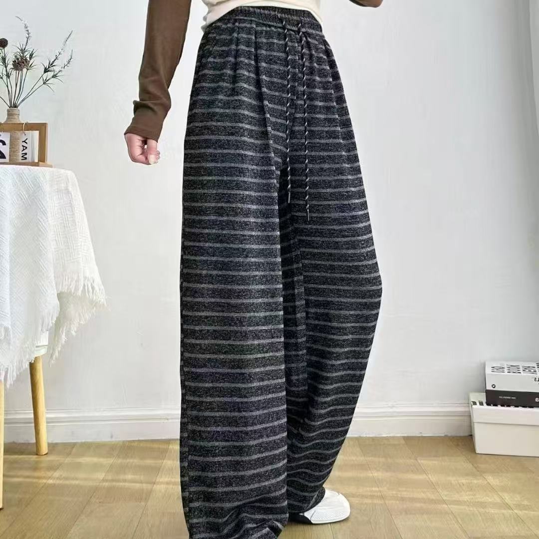 22-222/118 新款条纹阔腿裤女高腰显瘦宽松新款慵懒休闲直筒长裤