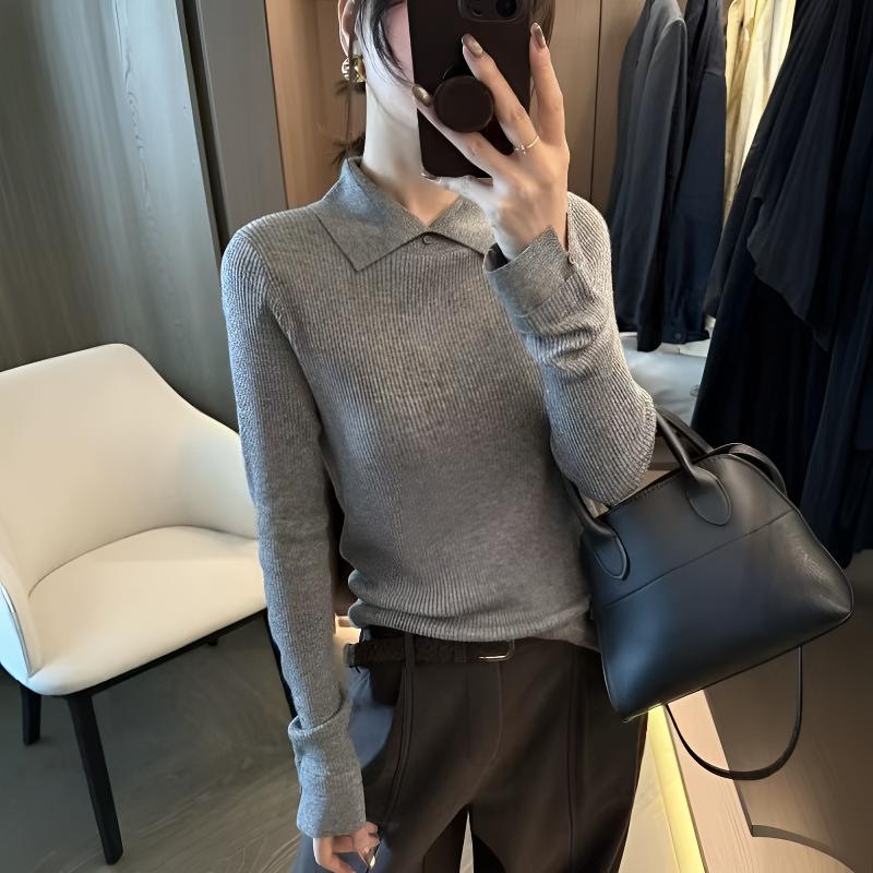 韩系翻领长袖打底毛衣针织衫女秋冬2025修身显瘦气质通勤内搭上衣