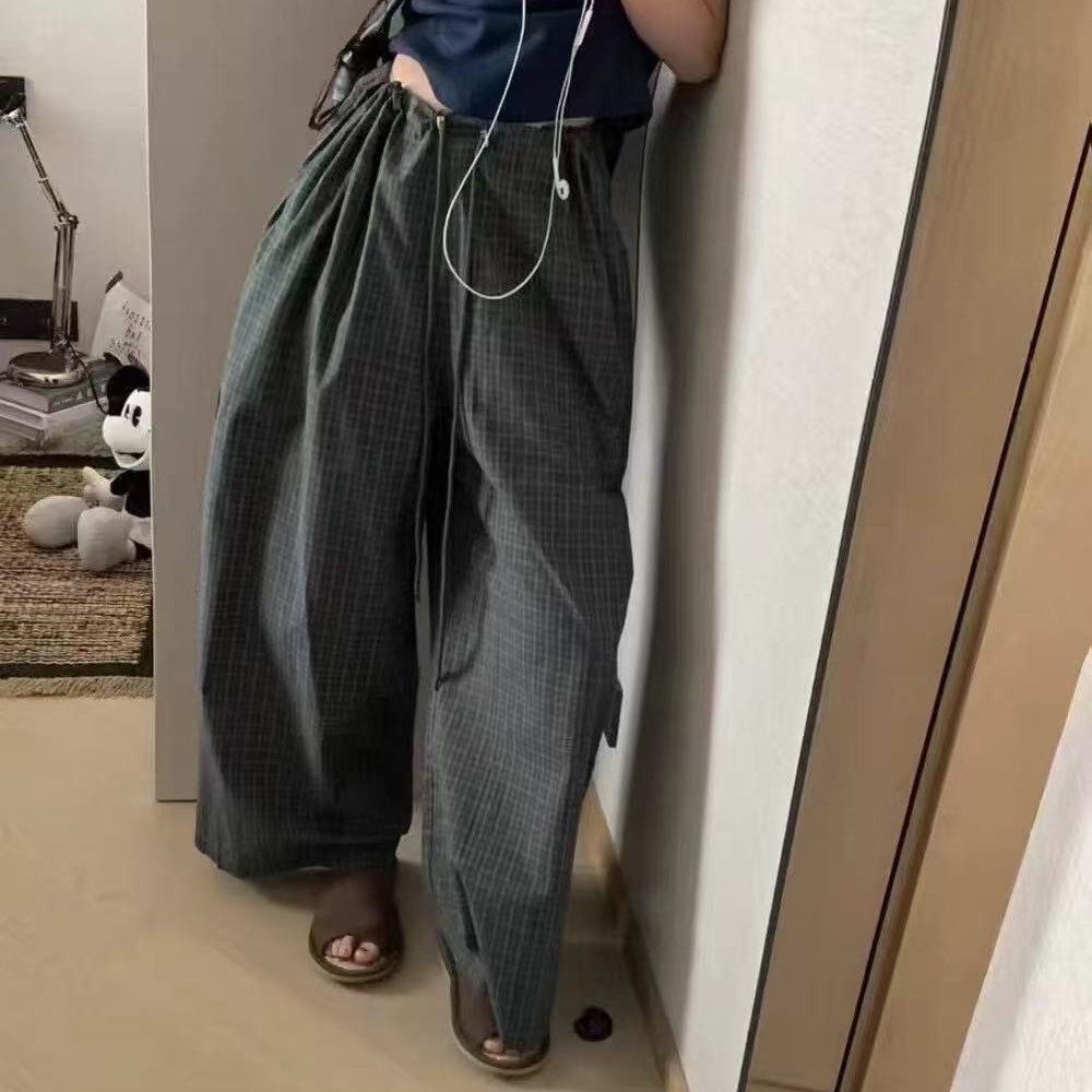 E6286抽绳格子直筒裤