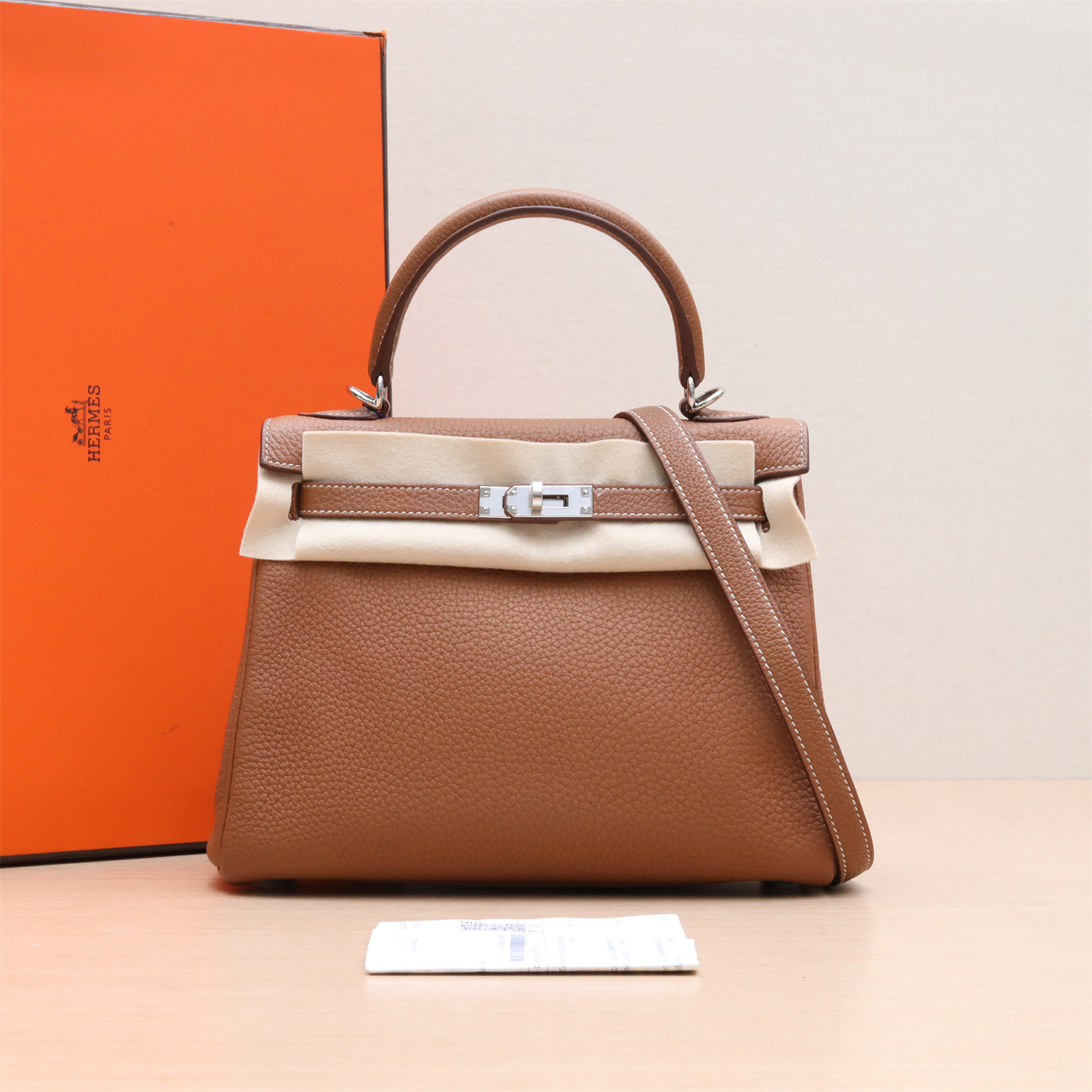 99新 Hermes/爱马仕 小花6欢 Kelly 25 金棕色 Togo皮 U刻 银扣包