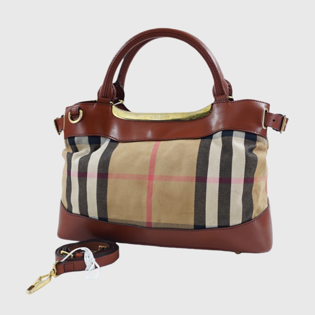 95新 BURBERRY/博柏利 二手格纹帆布配皮手提单肩包W79331