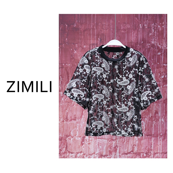 【亮哥女装】2025夏重工设计黑色撞色勾花蕾丝珠片绣镂空短袖9003