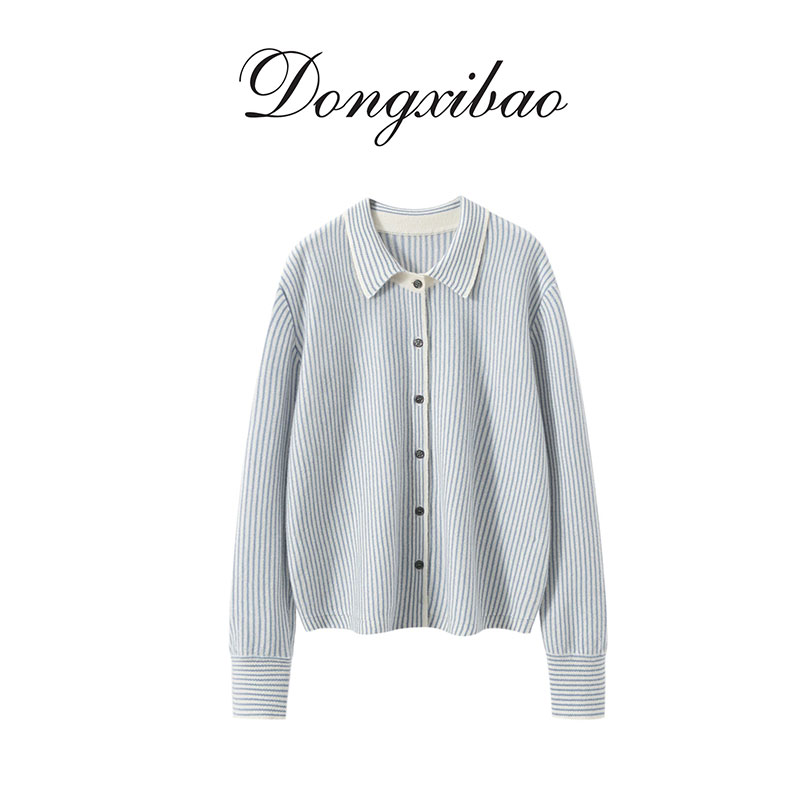 【条纹衬衣】纯羊绒秋冬新款POLO领加厚开衫条纹外套