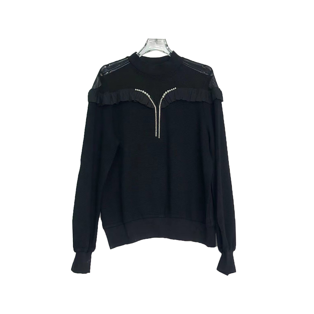 E3361  时尚镂空肩膀荷叶边圆领黑色上衣