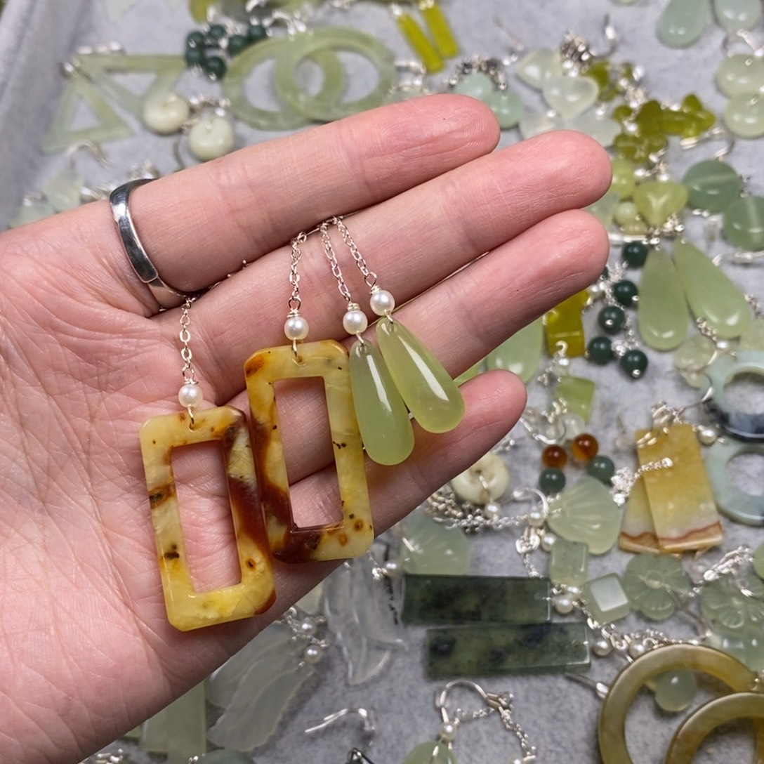 迷***ᵔ蛇纹石玉银S925镶嵌挂件耳饰耳环项链