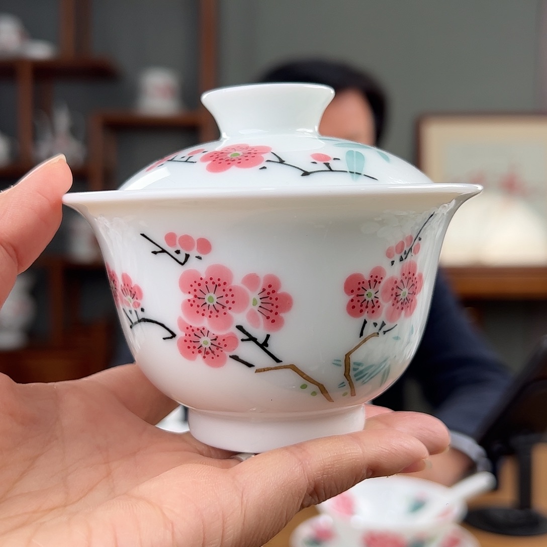 玉泥翠竹红梅两才盖碗