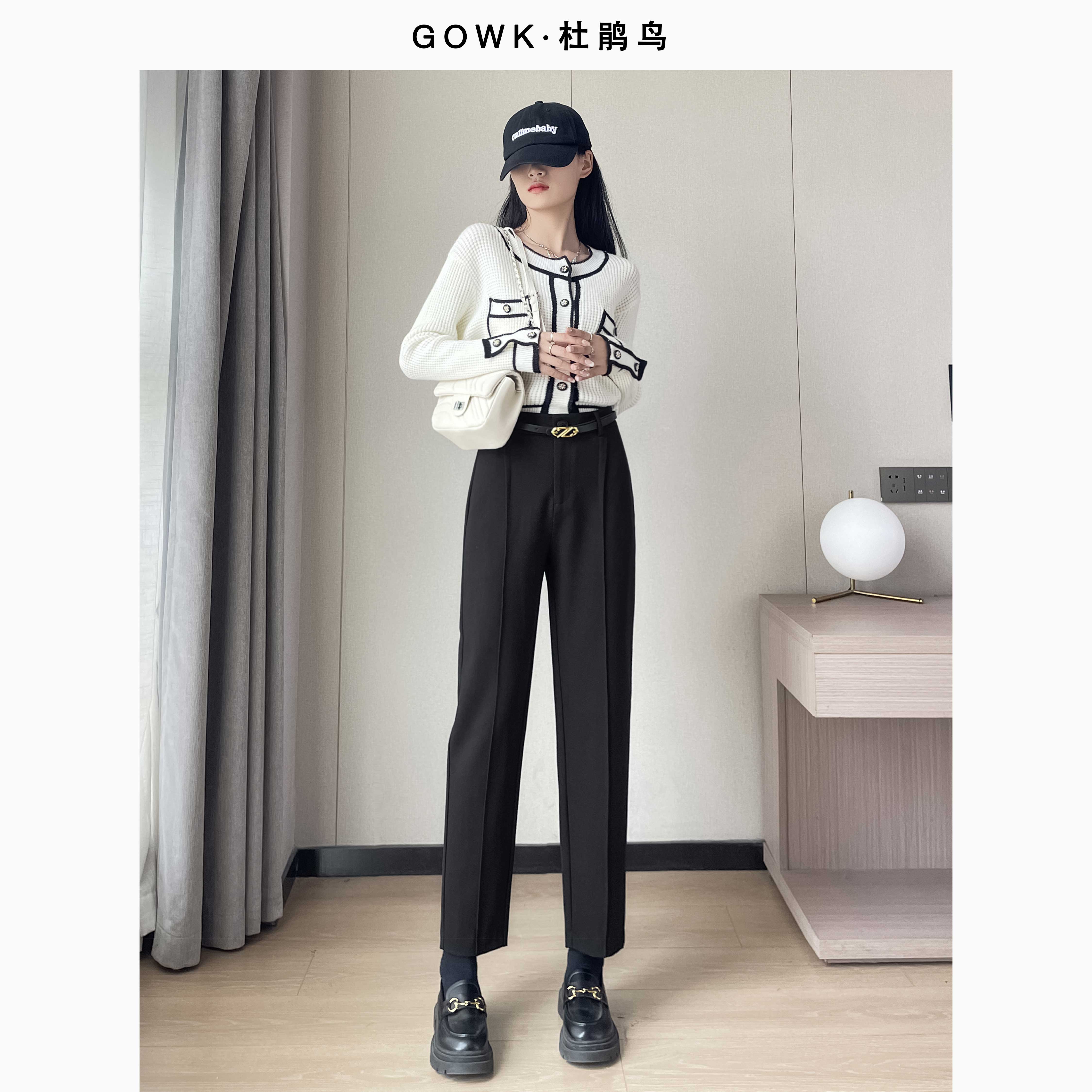 GOWK/杜鹃鸟秋季高腰百搭天丝羊毛醋酸九分西装裤