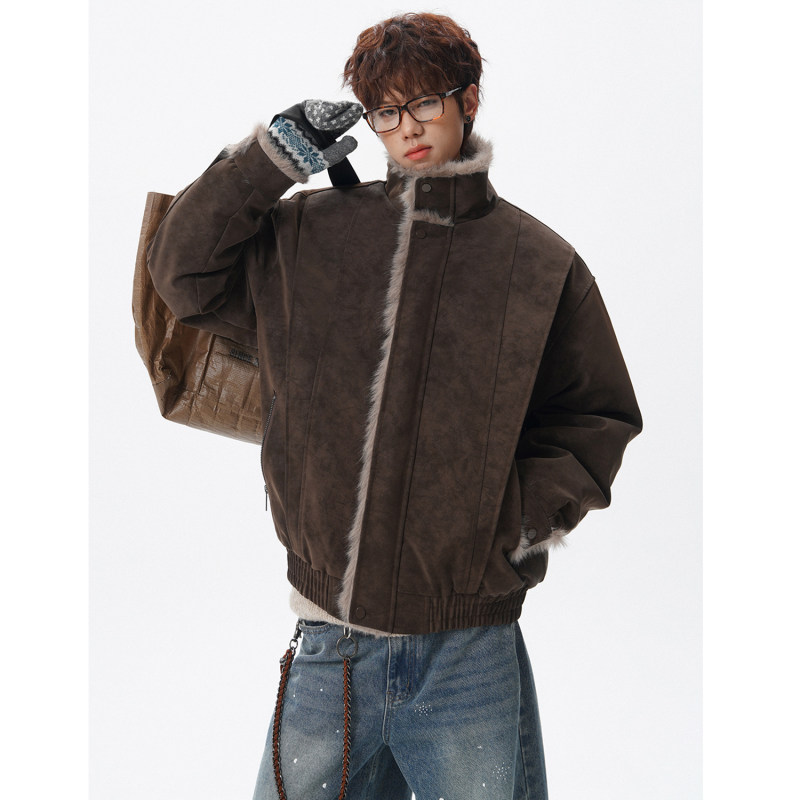 美式解构痞帅座山雕PU皮立领棉服男冬季加绒男款男士皮毛一体棉衣