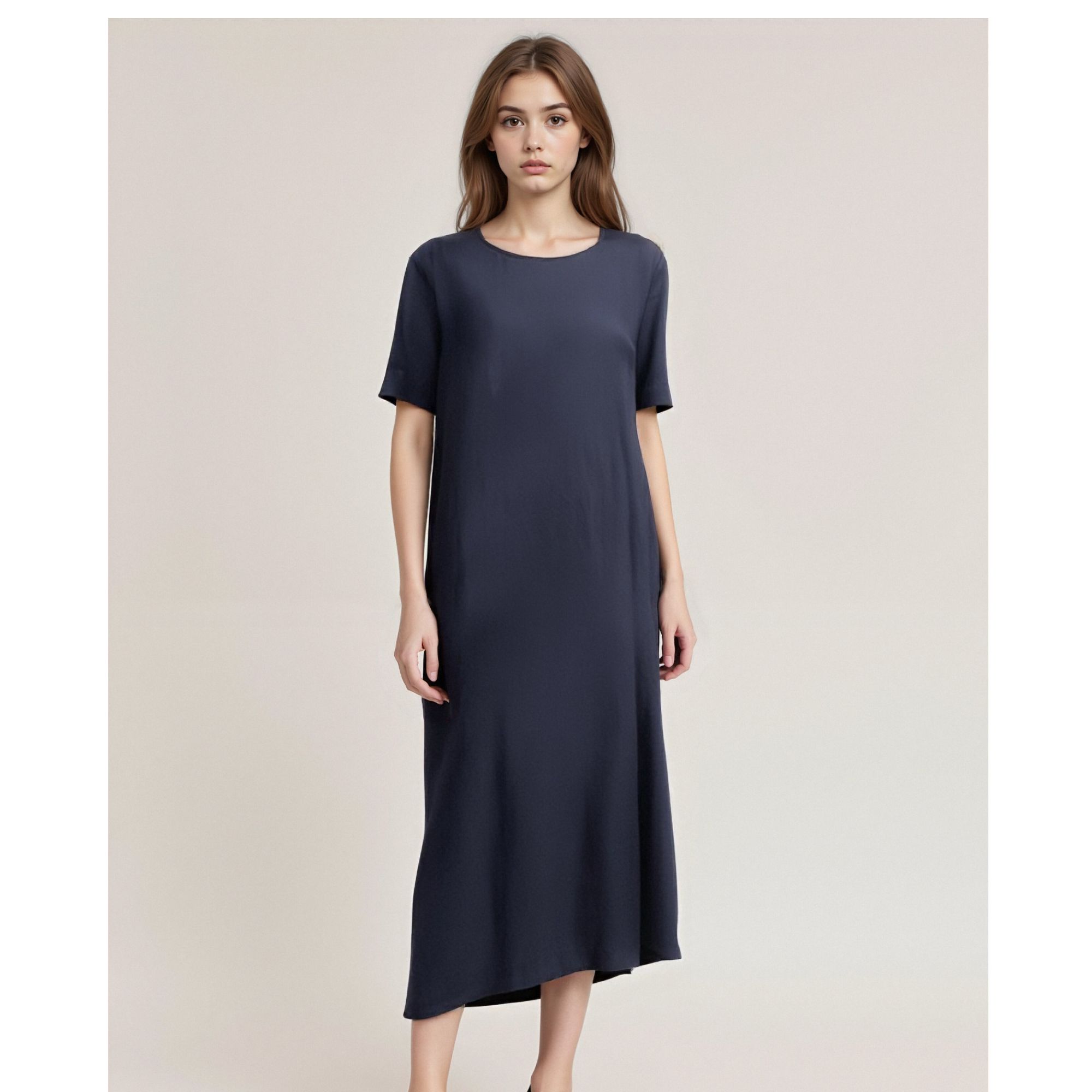 舒与石舒与石0006醋酸款宽松圆领短袖连衣裙百搭显瘦气质针织时尚