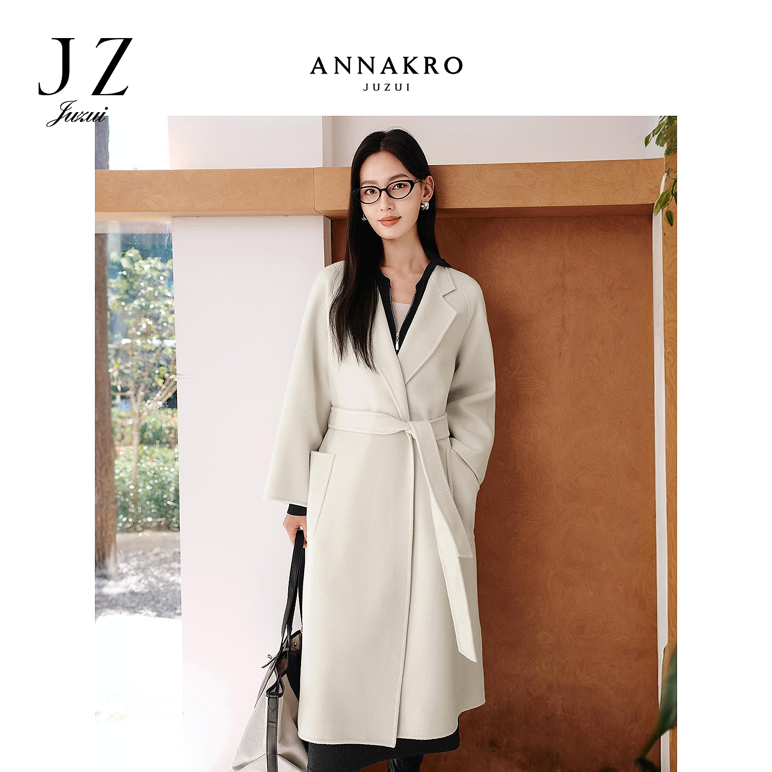 【真我系列】玖姿安娜蔻KWFD721099山羊绒长款双面呢大衣女冬季新款