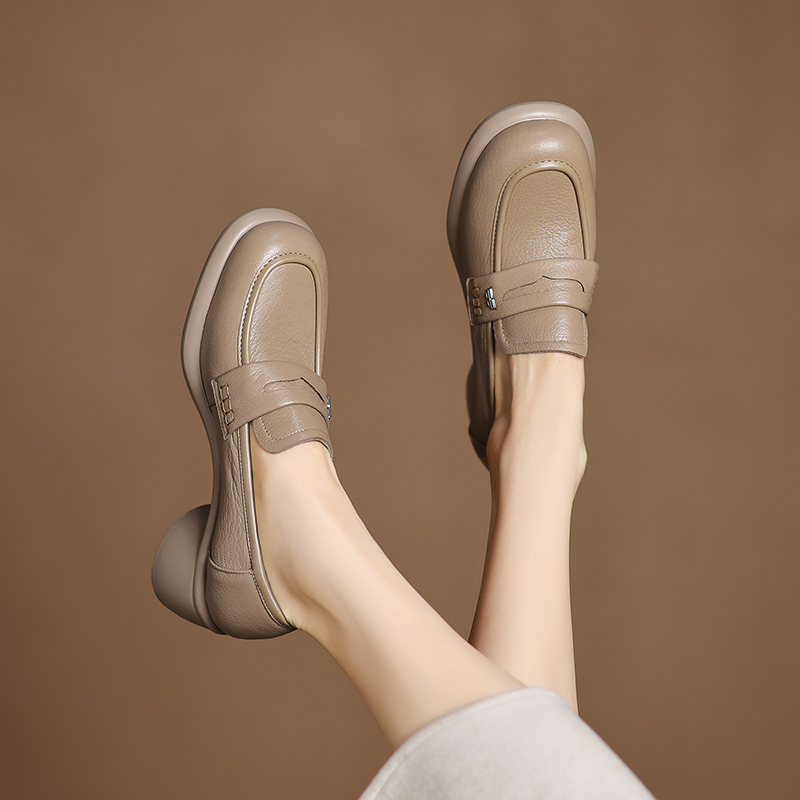 4.5cm头层羊皮轻便真皮单鞋厚底乐福鞋女鞋复古小皮鞋粗跟高跟鞋