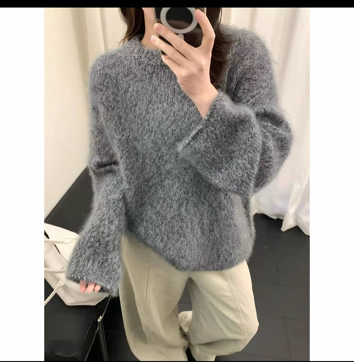 秋冬重工花纱拉绒套头毛衣宽松圆领针织衫绞花慵懒风