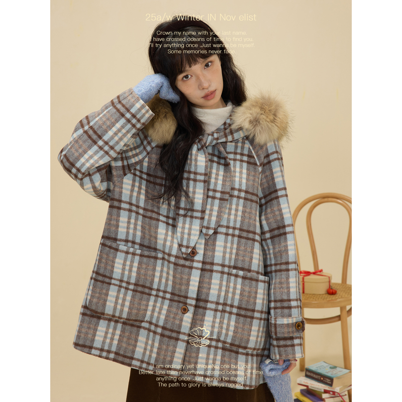 什一 冬日复古翻领可脱卸兔耳朵帽毛领短款50羊毛双面呢大衣