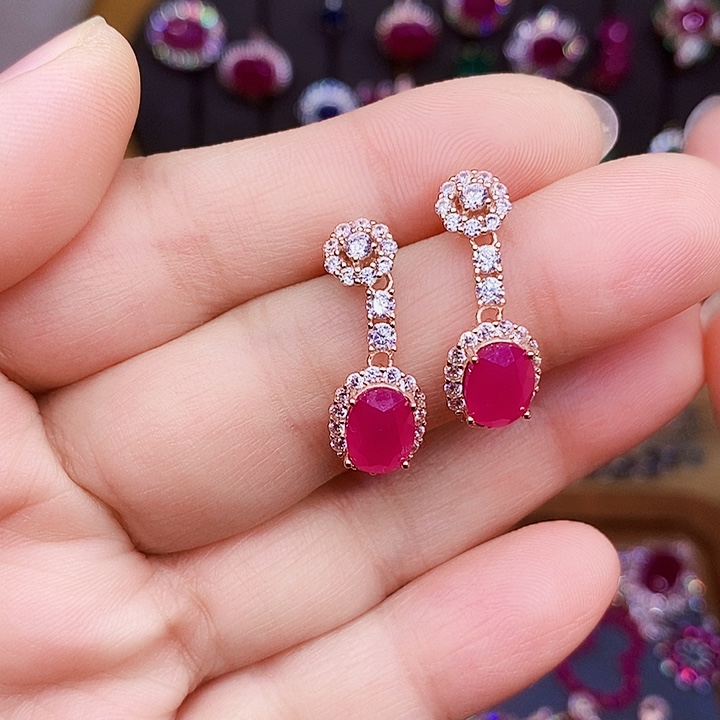 银S925镶嵌耳饰红宝石