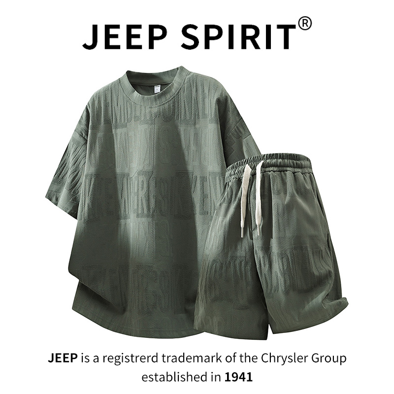 JEEPSPIRIT吉普提花短袖T恤短裤套装男夏季薄款宽松休闲运动一套