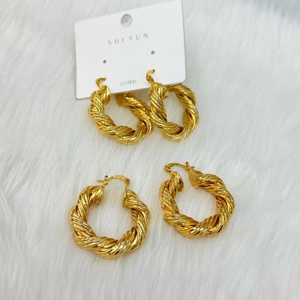 钛钢耳饰 欧美复古金色麻花耳圈法式小众设计感高级气质耳钉女