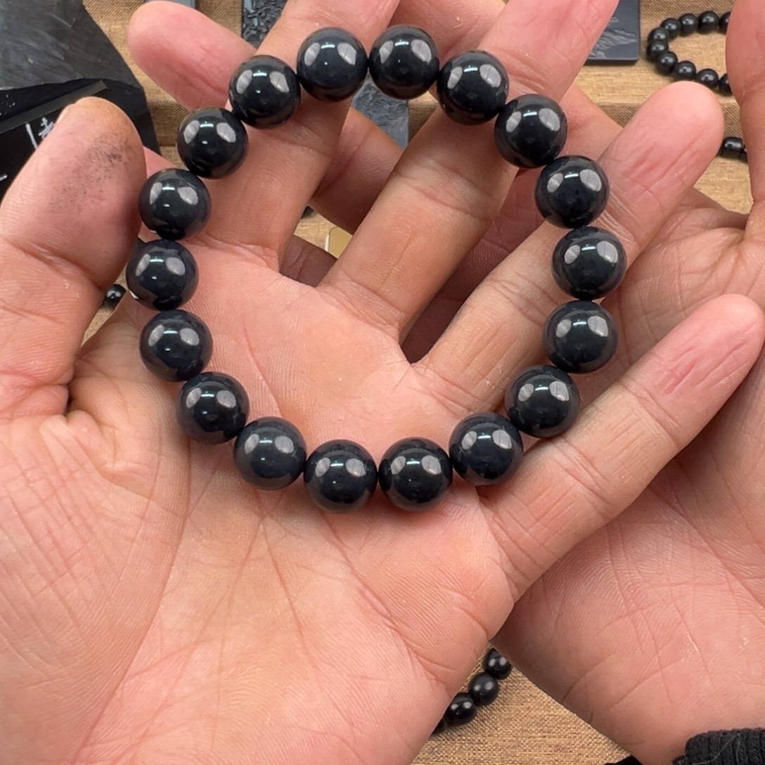 和田玉未镶嵌手串墨玉12圆珠