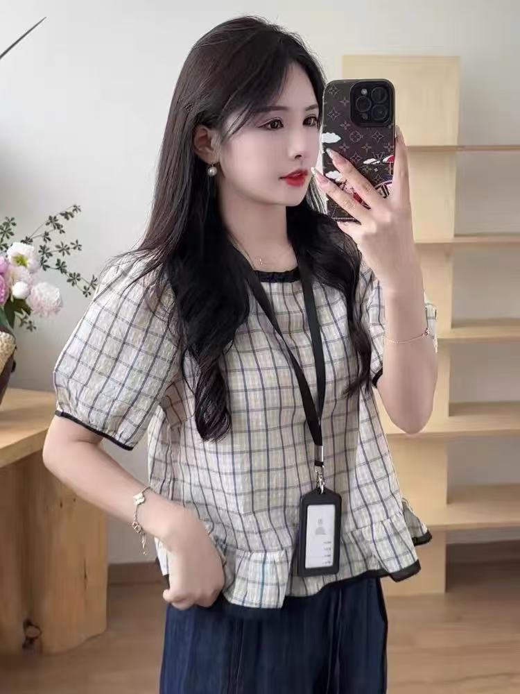 2025新款时尚设计感格子休闲百搭圆领短袖衬衣女夏季显瘦百搭上衣