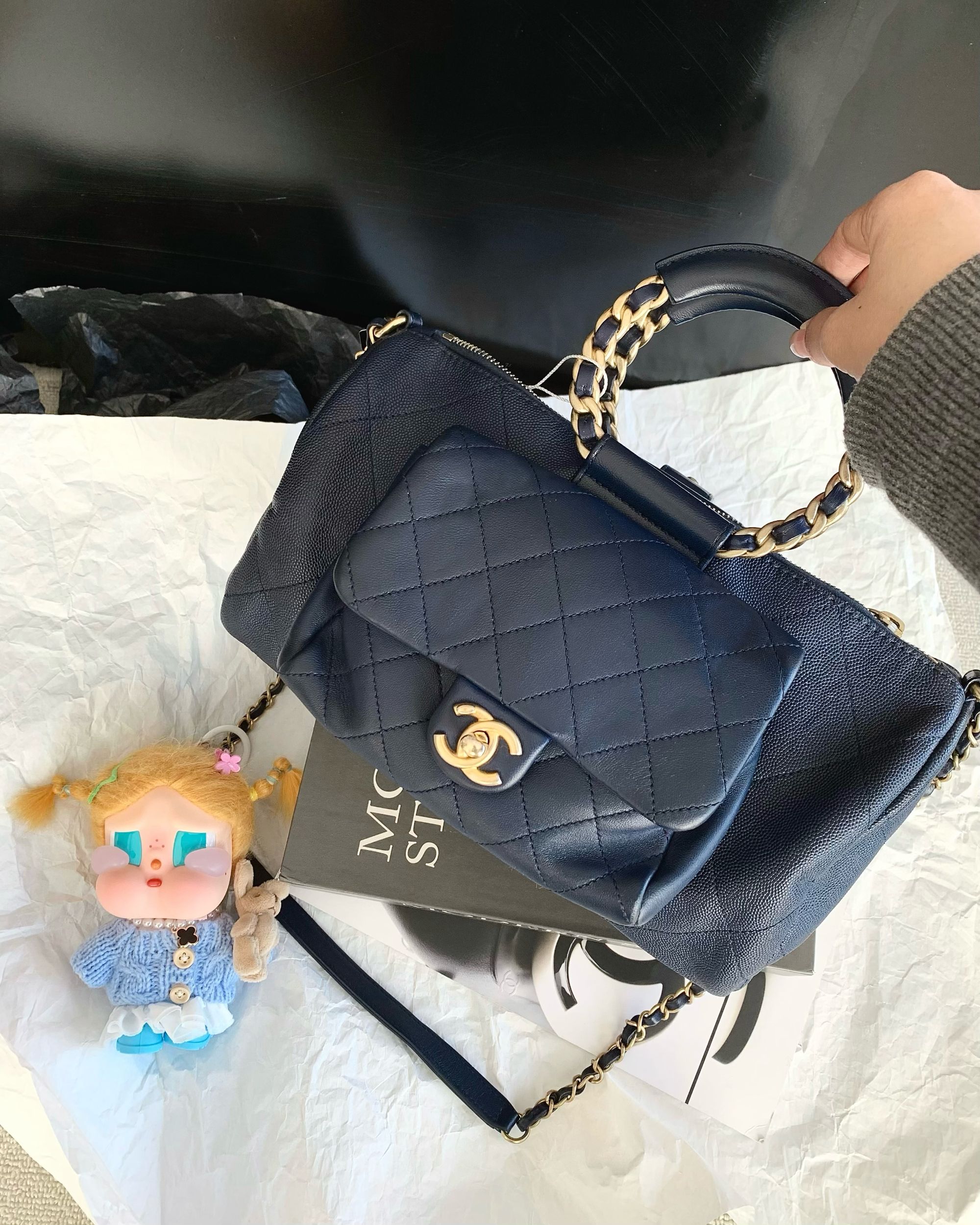95新 Chanel/香奈儿 蓝金鱼子酱小号圆环保龄球包 28cm 18305626 