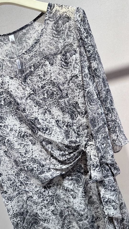 夏季新款圆领抽象印花收腰显瘦气质中长长款连衣裙