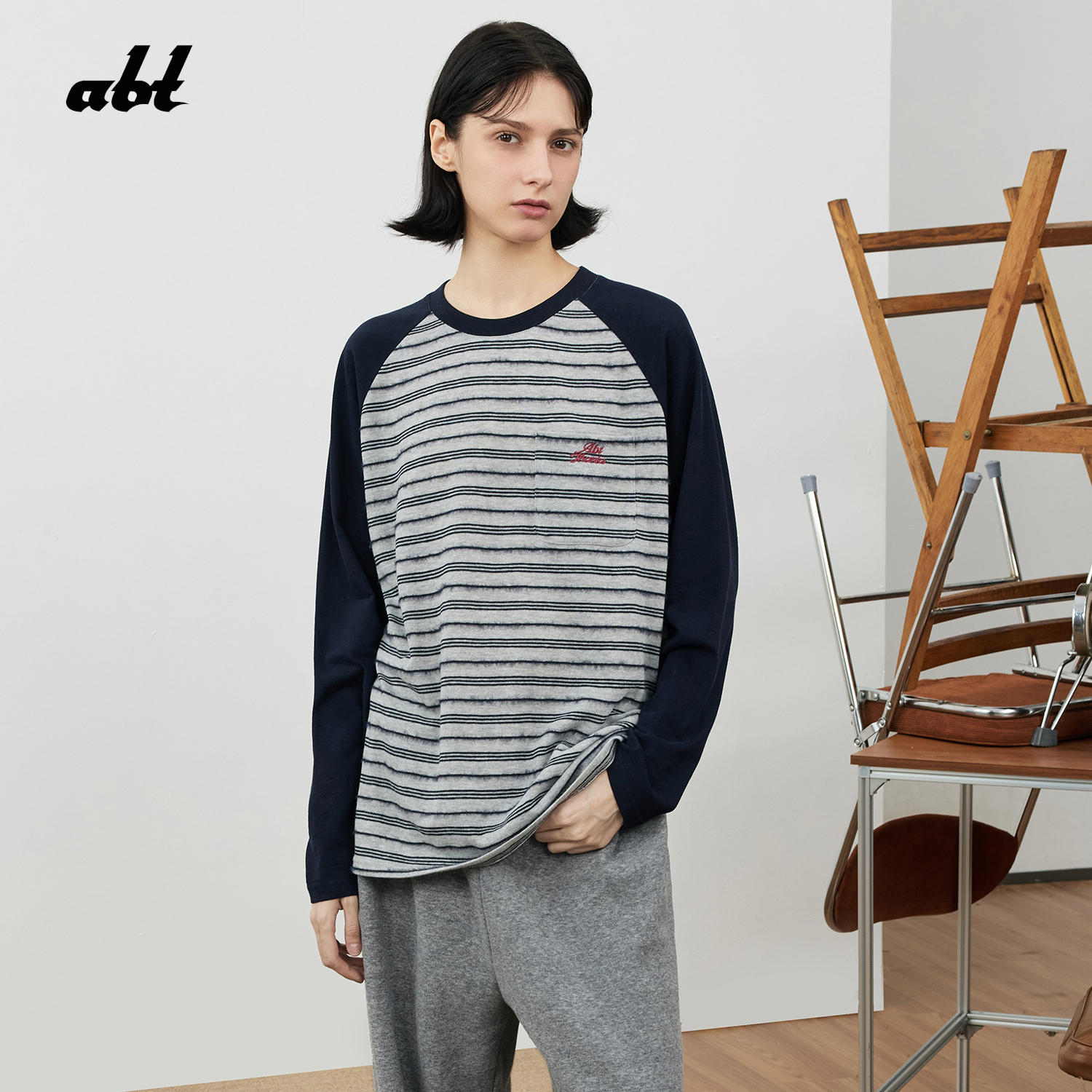 abt 25秋季新款撞色条纹刺绣T恤美式复古男女同款abt507L04CT1051