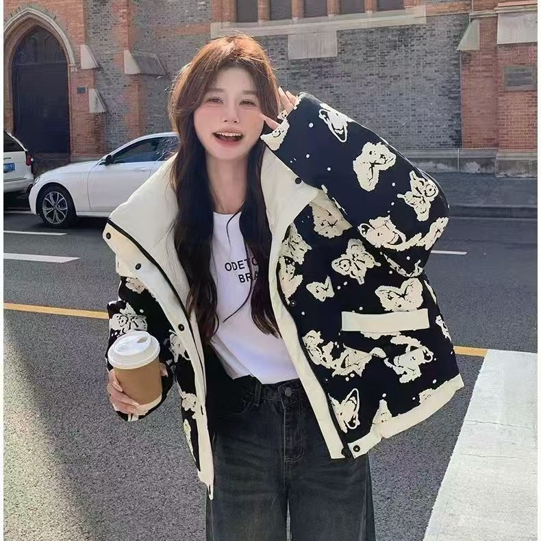 韩系蝴蝶印花连帽短款白鸭绒女冬季新款加厚保暖设计感外套