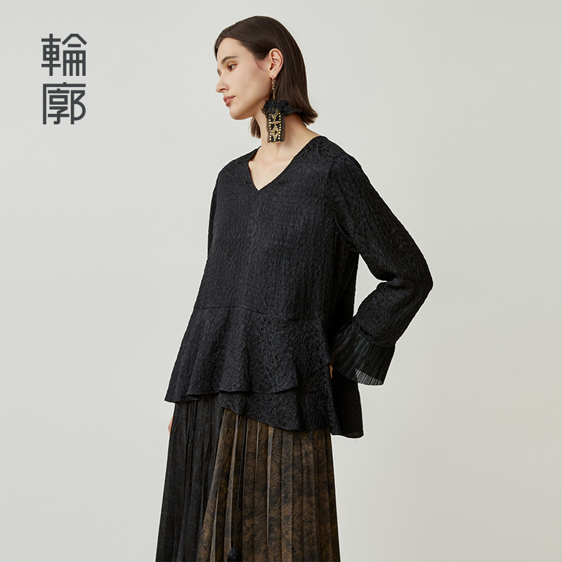 轮廓夜宴新中式小衫L243Y004老钱风真丝提花长袖衬衫时尚百搭纯色