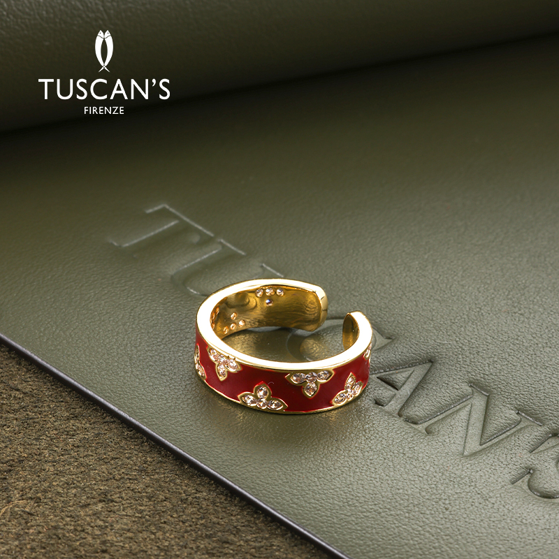 TUSCAN'S 铜合金锆石戒指 时尚复古老花开口戒指简约女时代双鱼