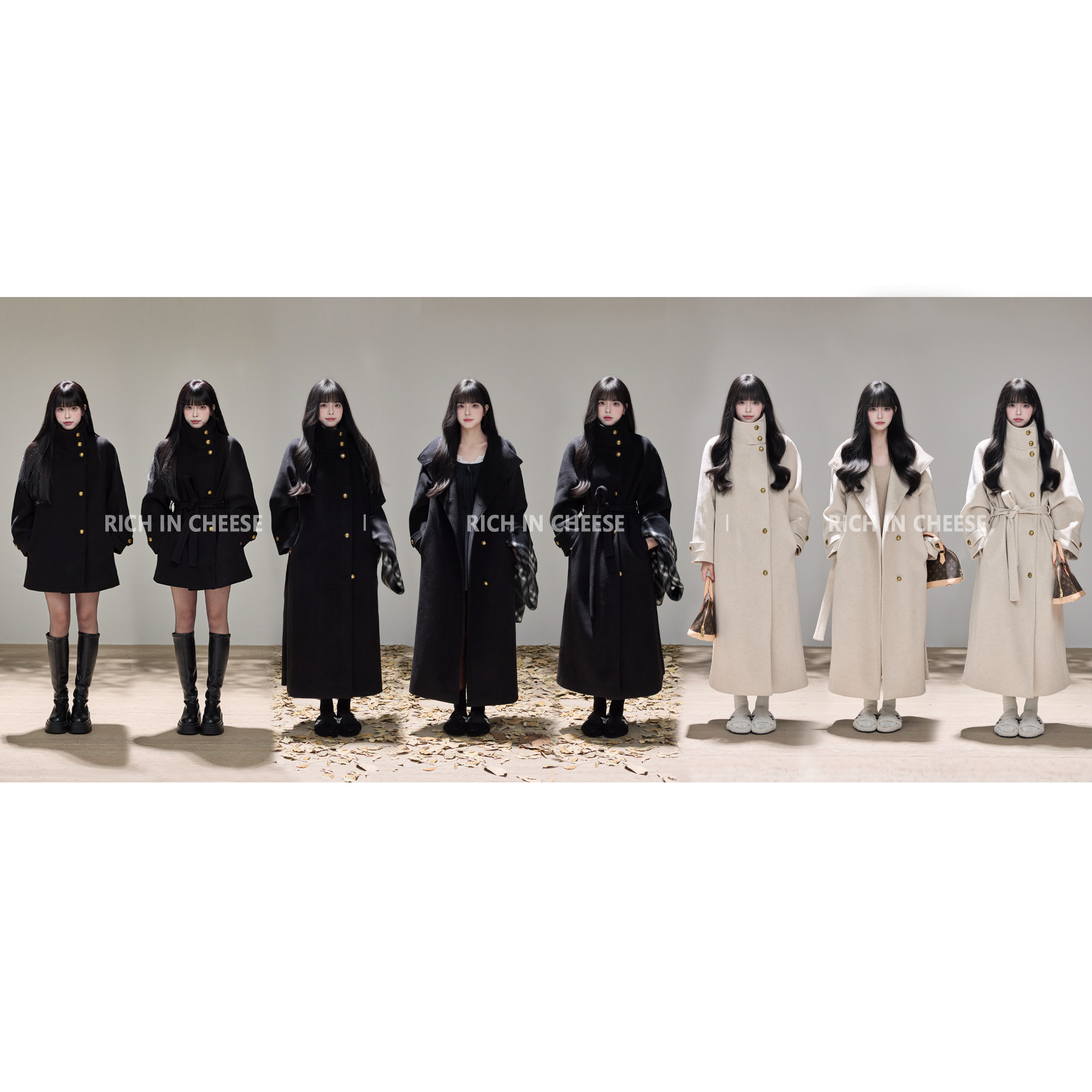 RICHINCHEESE 冬日女王 赫本风气质黑色简约立领高级长款毛呢外套