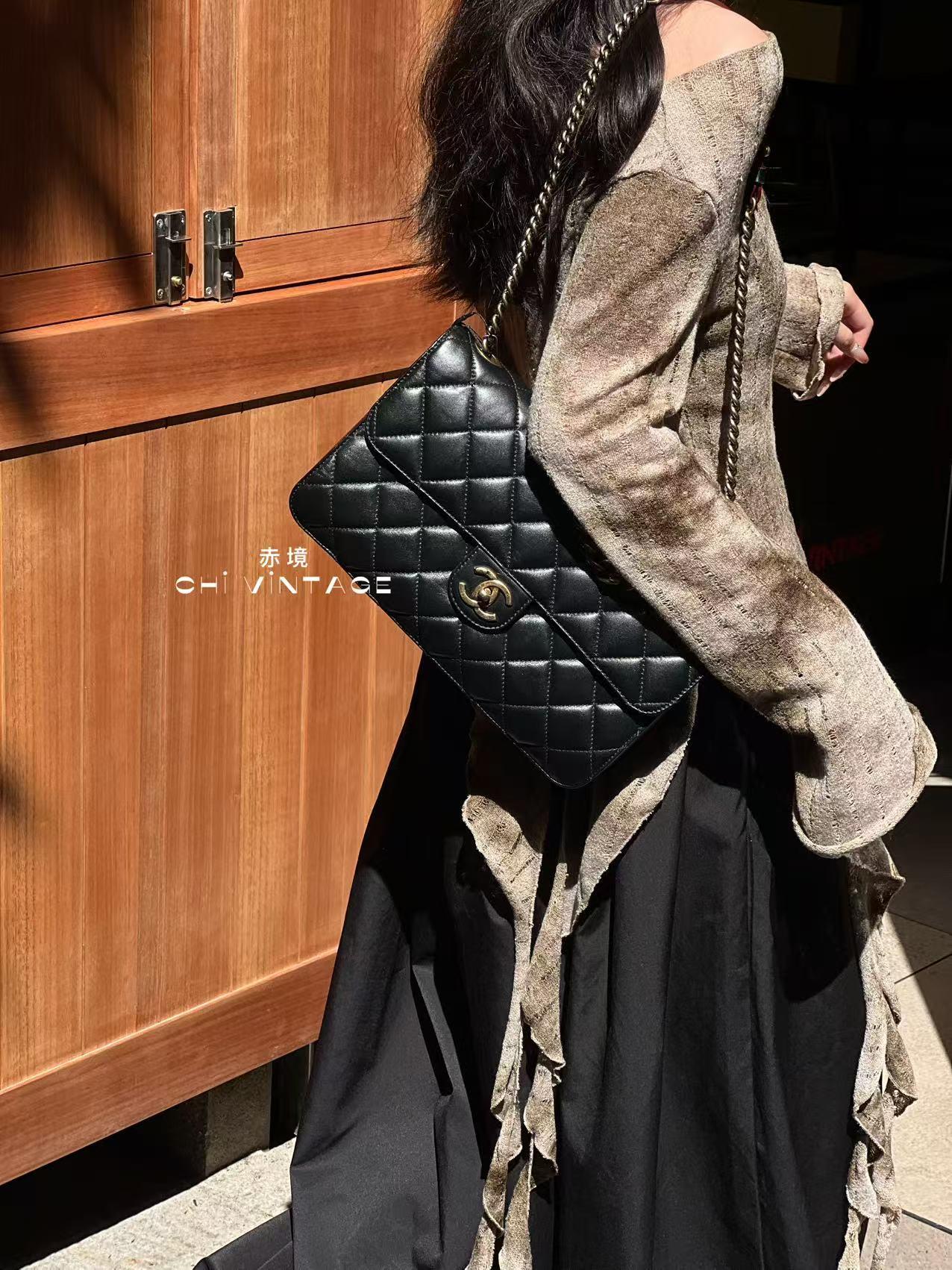 95新 Chanel/香奈儿 0724 黑金孟买手提斜挎包大号双盖12