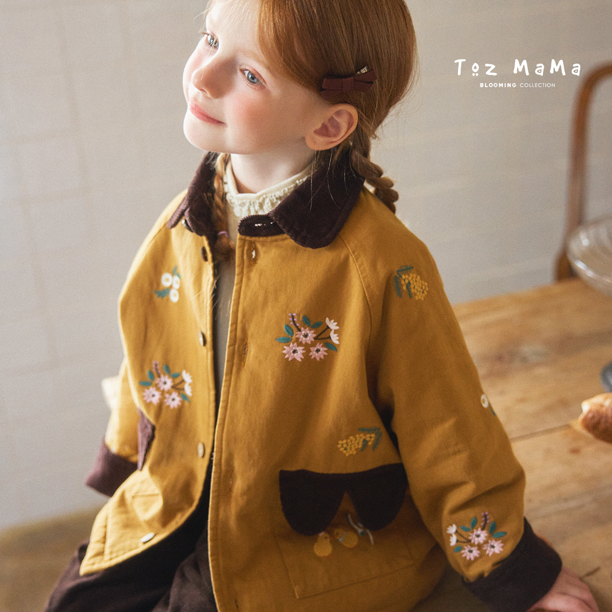 Toz Girls豆几妈10/31绣花撞色斜纹梭织棉服外套冬季女童加厚棉衣