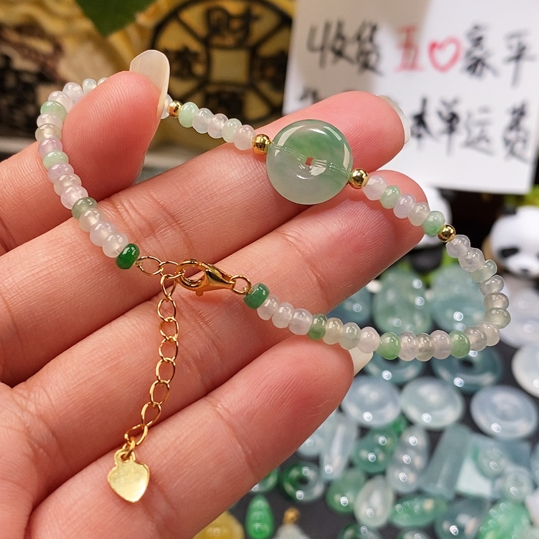 翡翠未镶嵌颈饰冰飘花平安扣手链可调节