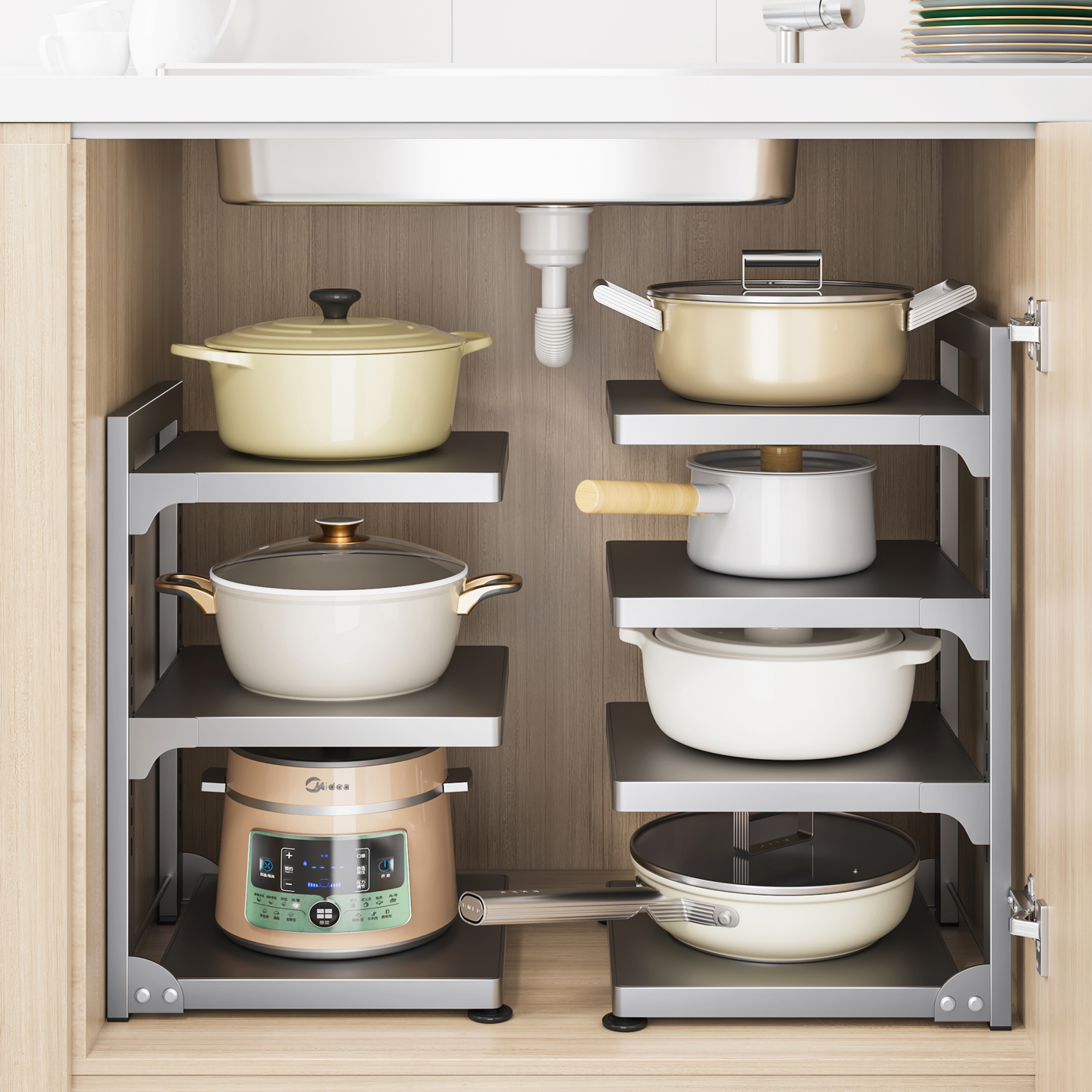 达派屋锅具收纳架厨房橱柜内分层锅架多功能家用水槽下落地置物架