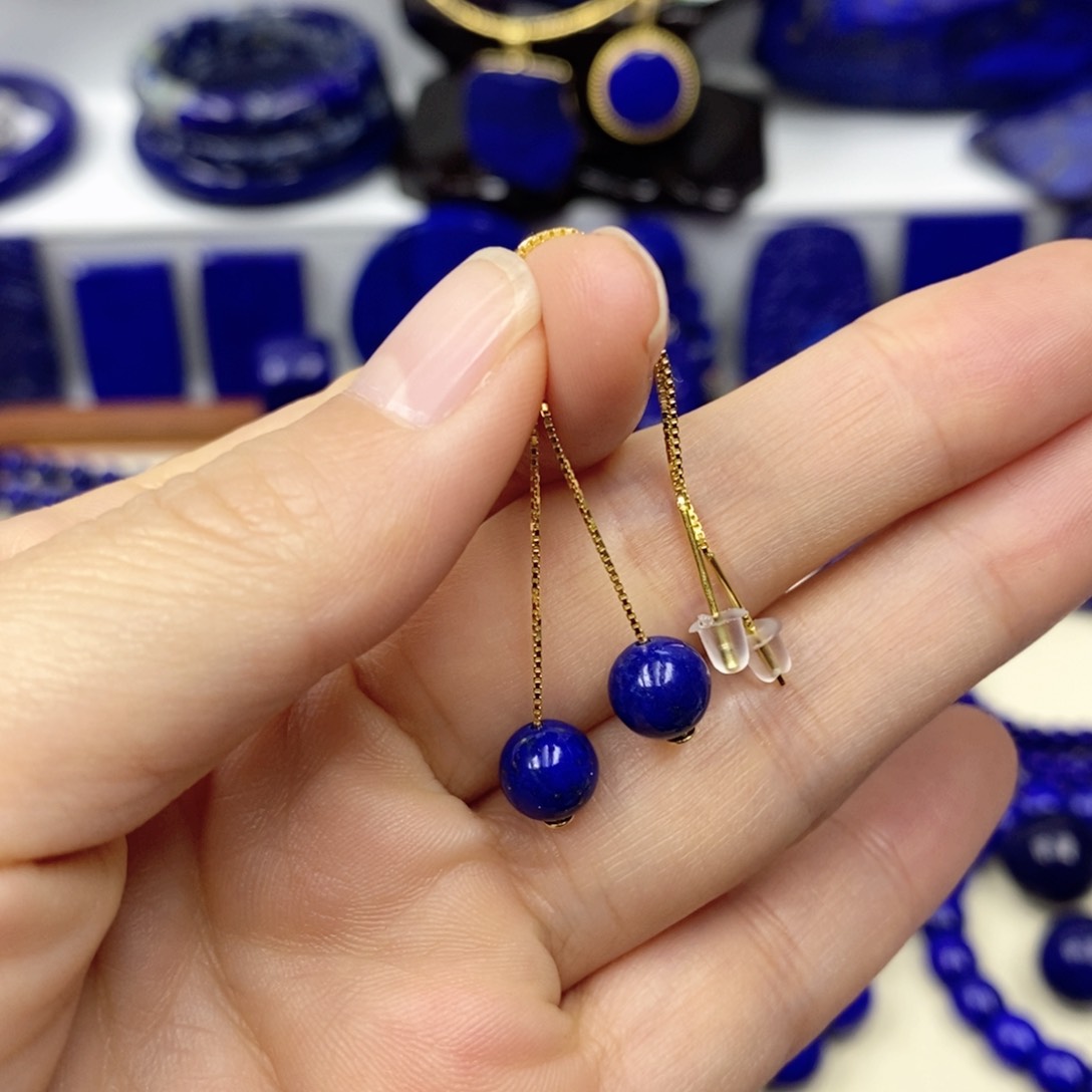 青金石耳饰银S925镀金镶嵌