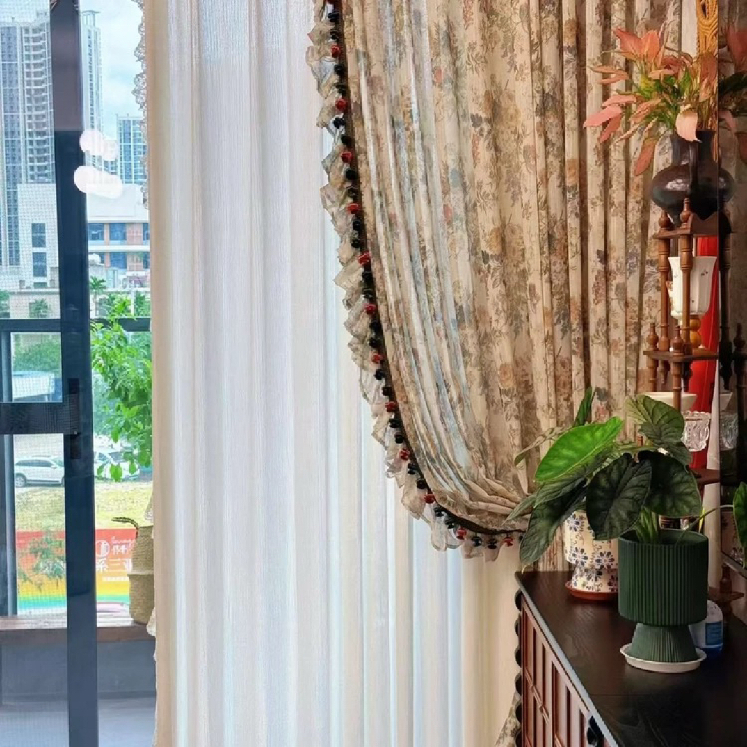 中古风麻纱法式复古美式乡村田园浪漫碎花客厅阳台卧室飘窗纱帘