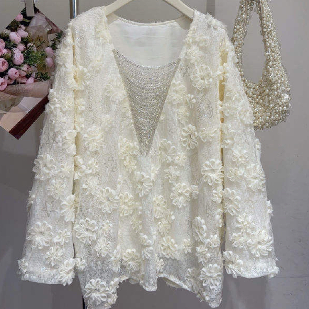 媛媛潮牌  实拍湘7811时尚法式刺绣显瘦百搭蕾丝重工宽松针织衫