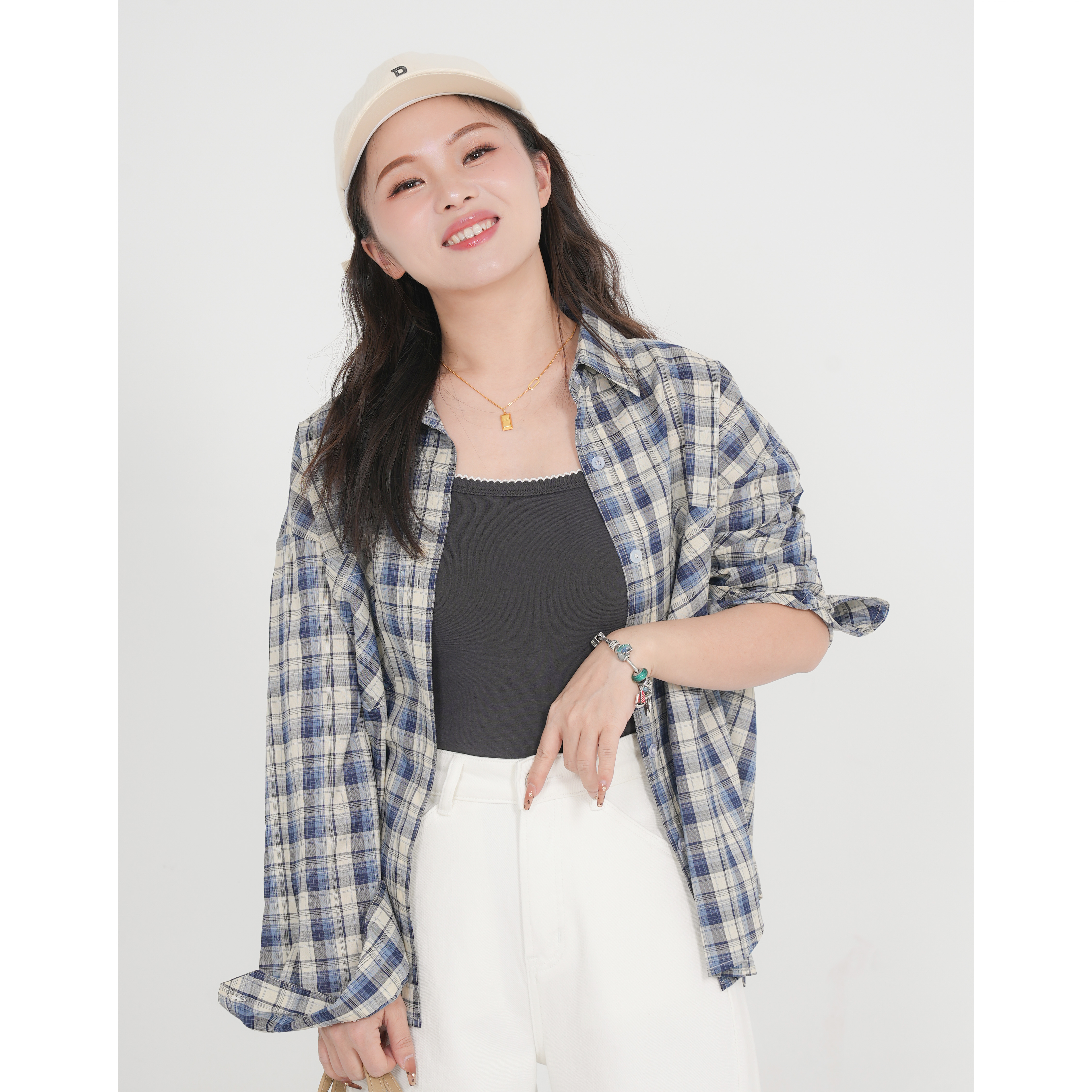 小个子圆圆CK001春季新款学院风格子衬衫休闲宽松百搭上衣女