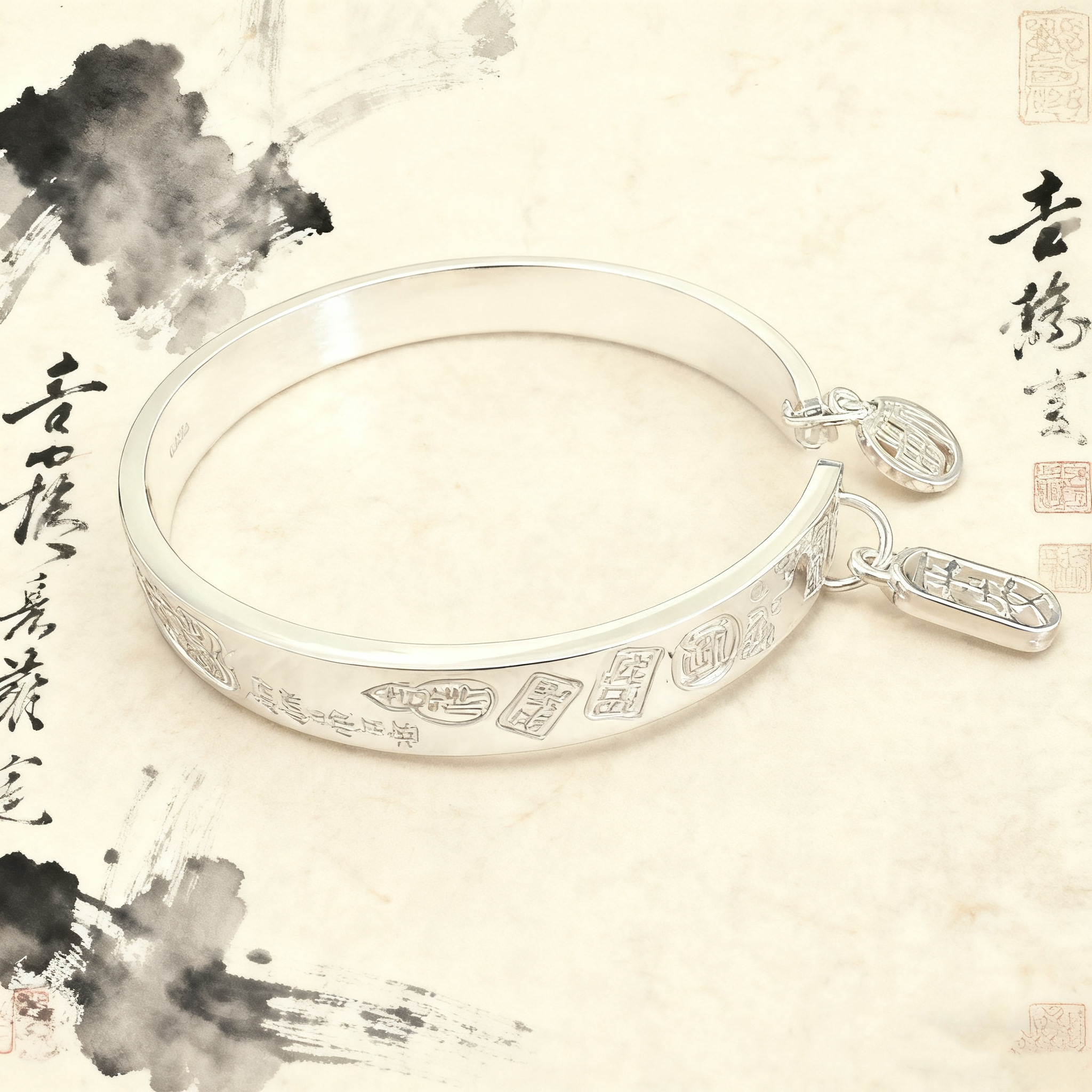 足银手镯 【吉言吊福字开口镯】足银999亮面时尚百搭气质个性吉言