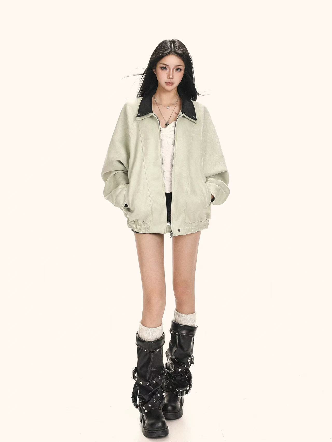 美式复古翻领短款夹克秋冬学院风百搭休闲宽松慵懒风外套-1083