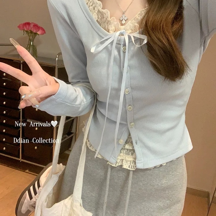 【青青】大码2025新款假两件蕾丝边针织衫长袖女内搭打底上衣-25013