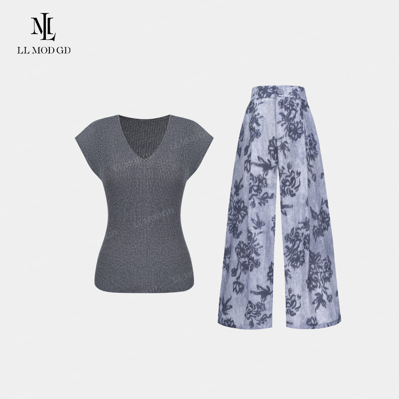 禅意美人 高级感大方得体冰丝短袖上衣+高腰休闲阔腿裤YL-262435