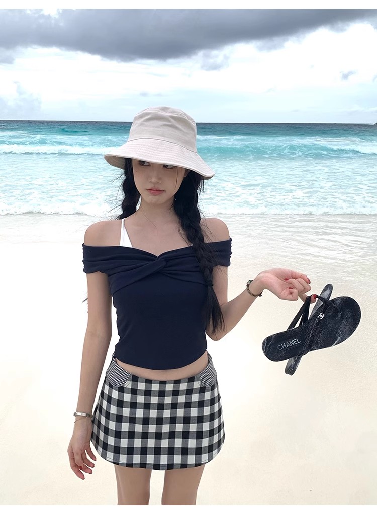 不冷BULENG 一字肩复古短袖蝴蝶结扭结T恤遮副乳修身显瘦上衣女夏