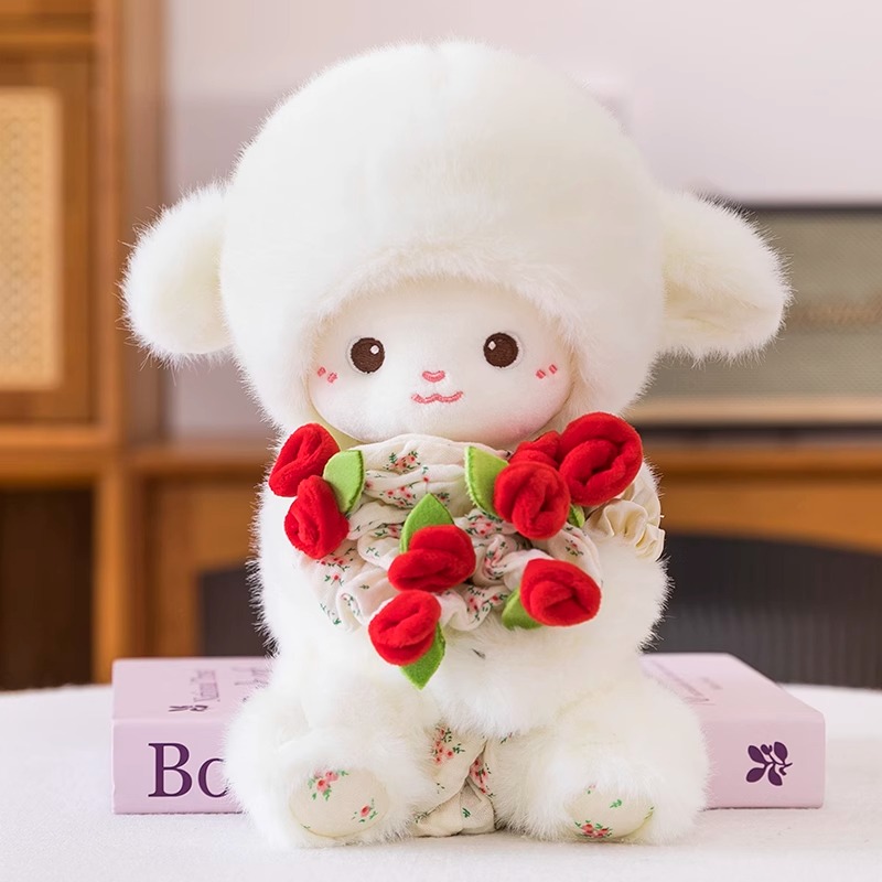 玫瑰小羊毛绒玩偶磁力羊玫瑰花玩偶七夕生日礼物浪漫小羊磁吸玩具