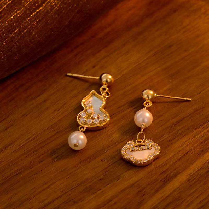 铜合金合成锆石耳饰 f080---复古古法葫芦新中式气质百搭吊坠耳环